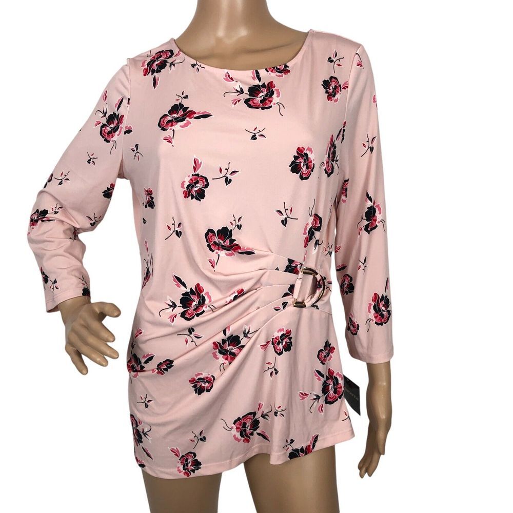 NWT Liz Claiborne Faux Wrap Top Floral Print 3/4 Sleeve Buckle Blouse Office M